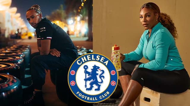 Lewis Hamilton, escudo do Chelsea e Serena Williams