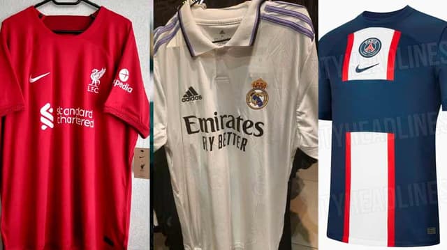 a camisa 1 do Liverpool 2022/23, camisa 1 do real Madrid 2022/23 e camisa 1 do Paris Saint-Germain 2022/23