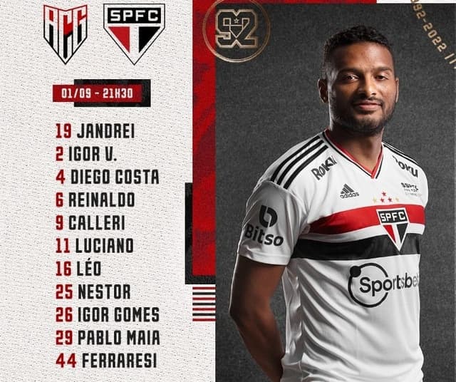 Escalação São Paulo (1/9/2022)