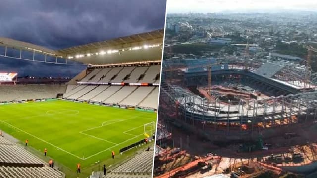 Neo Química Arena e com uma foto das obras da Arena MRV