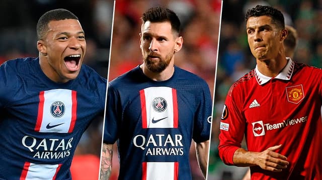 Montagem - Mbappé, Messi e Cristiano Ronaldo