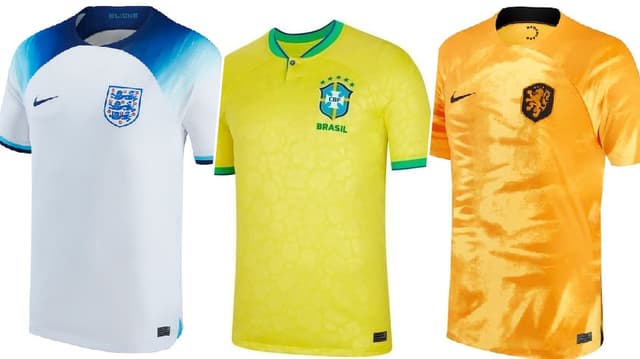 camisa 1 da Inglaterra, camisa 1 do Brasil (foto no meio) e camisa 1 da Holanda.