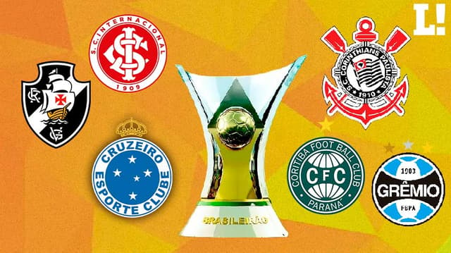 taça do Brasileirão e os escudos de Vasco, Cruzeiro, Internacional, Corinthians, Coritiba e Grêmio.