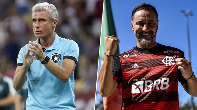 Luís Castro (com camisa do Botafogo) e Vítor Pereira (com camisa do Flamengo)