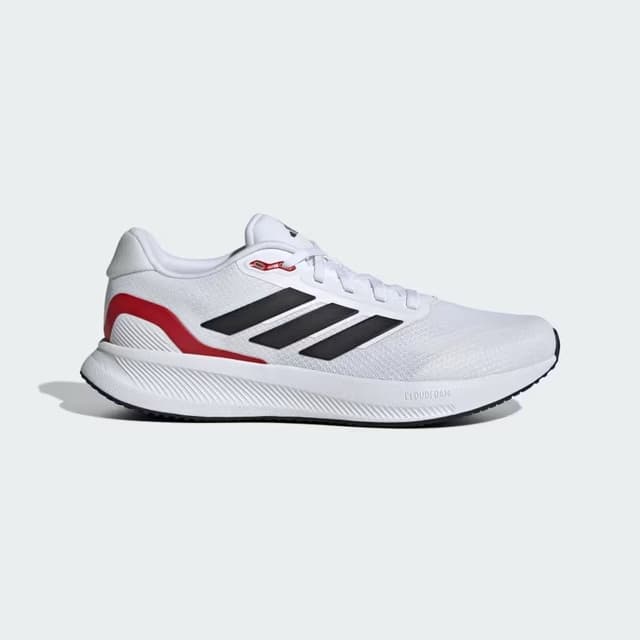 tênis branco adidas com listas pretas e vermelhas