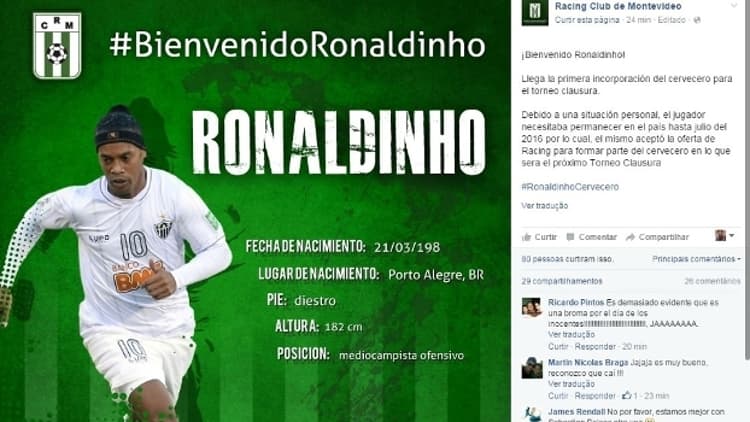 Ronaldinho é anunciado pelo Racing-URU (Foto: Reprodução / Twitter)