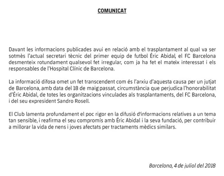 Comunicado do Barcelona sobre o caso da compra ilegal de um fígado pelo ex-presidente Sandro Rosell