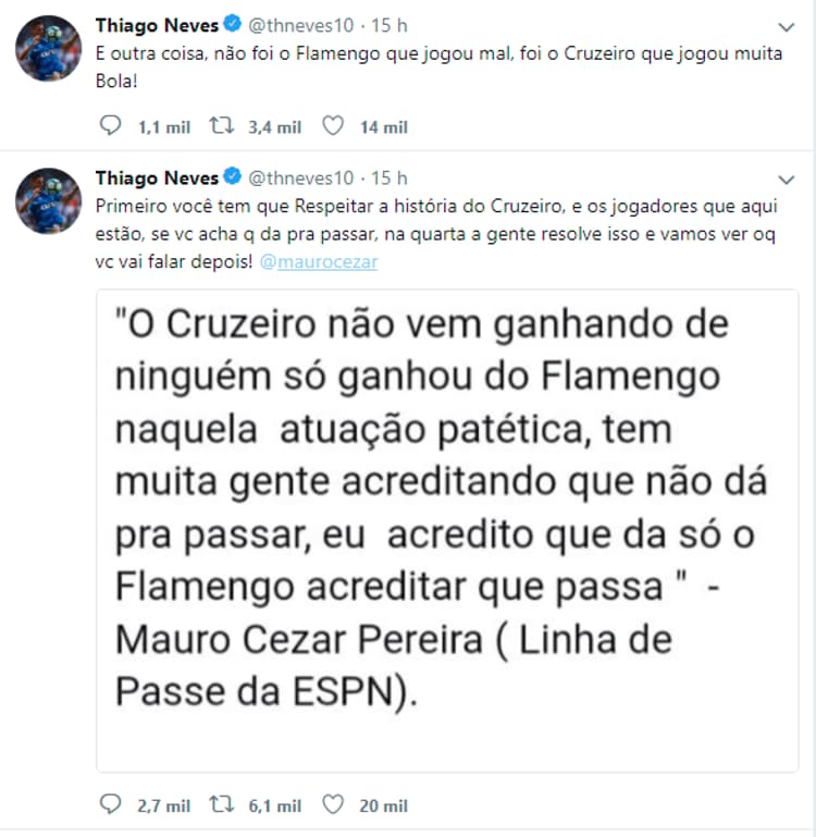 Troca de tweets entre o perfil de Nves e o  falso de Mauro
