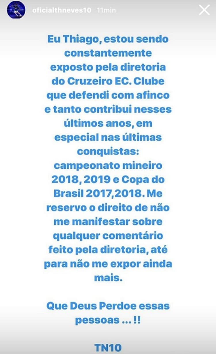Thiago usou sua conta no Instagram para se pronunciar