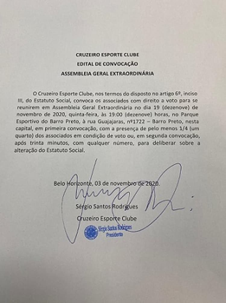 Carta enviada aos associados do Cruzeiro assinada pela presidência