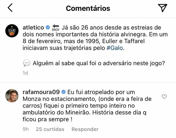 Comentário de Rafael Moura na publicação do Atlético