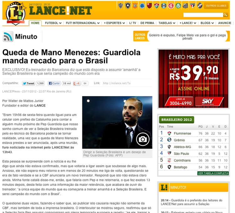 Print - LANCE! - 23/11/2012 - Guardiola na Seleção Brasileira