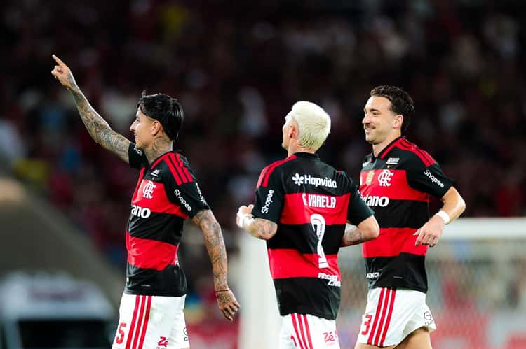 Pulgar comemora seu gol no jogo do Flamengo contra o Vitória pelo Brasileirão
