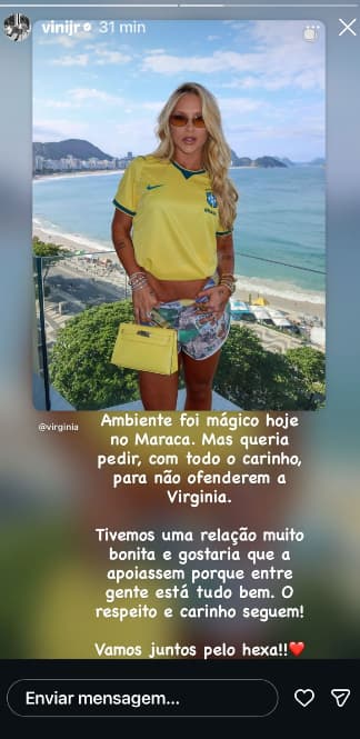 Vini Jr fez postagem defendendo Virgínia após a partida da Seleção Brasileira contra o Panamá