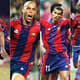 Montagem - Romário, Ronaldo fenômeno, Rivaldo e Ronaldinho gaúcho com a camisa do barcelona.