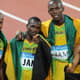 Equipe do revezamento 4 x 100 m da Jamaica, que perdeu a medalha de ouro na Olimpíada de Pequim-2008