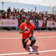 O astro jamaicano Usain Bolt posa para os jornalistas em sua visita ao Estádio de Atletismo (Crédito: Lima 2019)