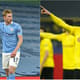 Montagem - De Bruyne (Manchester City) e Haaland (Borussia Dortmund)