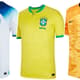 camisa 1 da Inglaterra, camisa 1 do Brasil (foto no meio) e camisa 1 da Holanda.