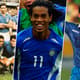 rasil com uniforme azul na Copa de 1958, Ronaldinho com uniforme azul em 2002 e Brasil com o uniforme azul na Copa de 1994.