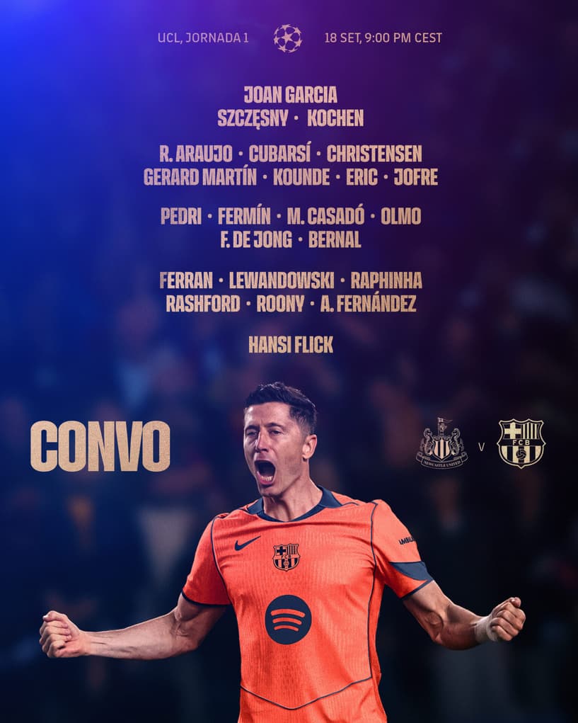 Lista de relacionados do Barcelona para a partida cotnra o Newcastle na Champions League (Foto: divulgação / redes sociais)