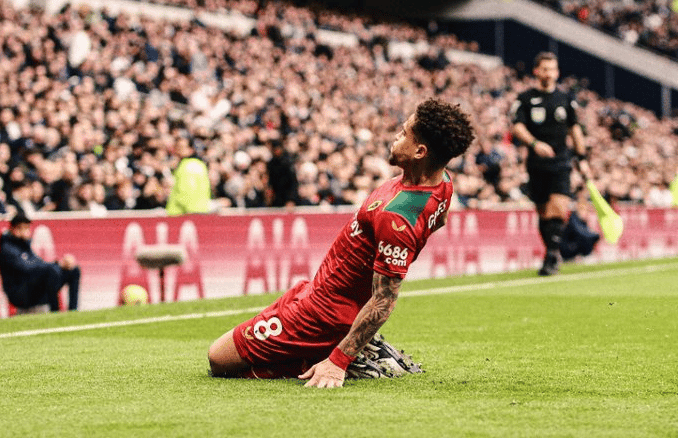 João Gomes, ex-Flamengo e hoje no Wolves, comemora gol contra o Tottenham (Foto: Divulgação / Wolves)