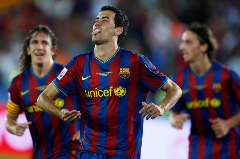 Barcelona's Busquets celebrates his goal during their FIFA Club World Cup semi-final soccer match against Atlante in Abu Dhabi