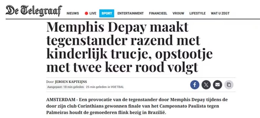 Jornal holandês "De Telegraaf" condenando a atitude de Memphis Depay na final do Campeonato Paulista (Foto: Reprodução)