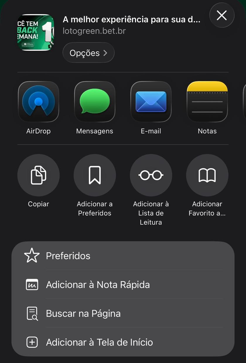 Captura de tela mostra como criar atalho da Lotogreen no celular.
