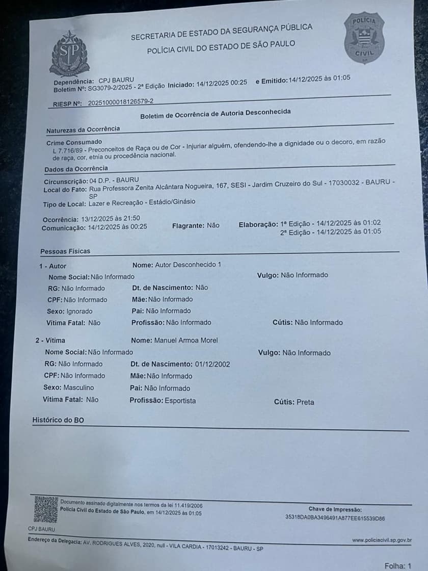 BO registrado pelo jogador do Vôlei Guarulhos (Foto: Divulgação)