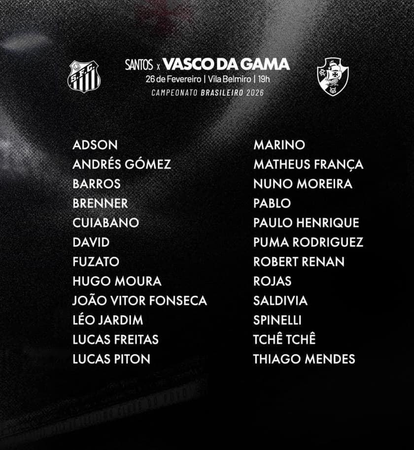 Relacionado do Vasco para enfrentar o Santos (Foto: Divulgação/Vasco)