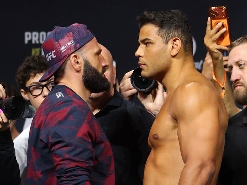 'Borrachinha' encara Murzakanov durante pesagem do UFC 327 (Foto: Reprodução/UFC)