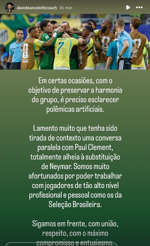 Postagem de Davide Ancelotti negando polêmica envolvendo entrada de Neymar contra a Escócia