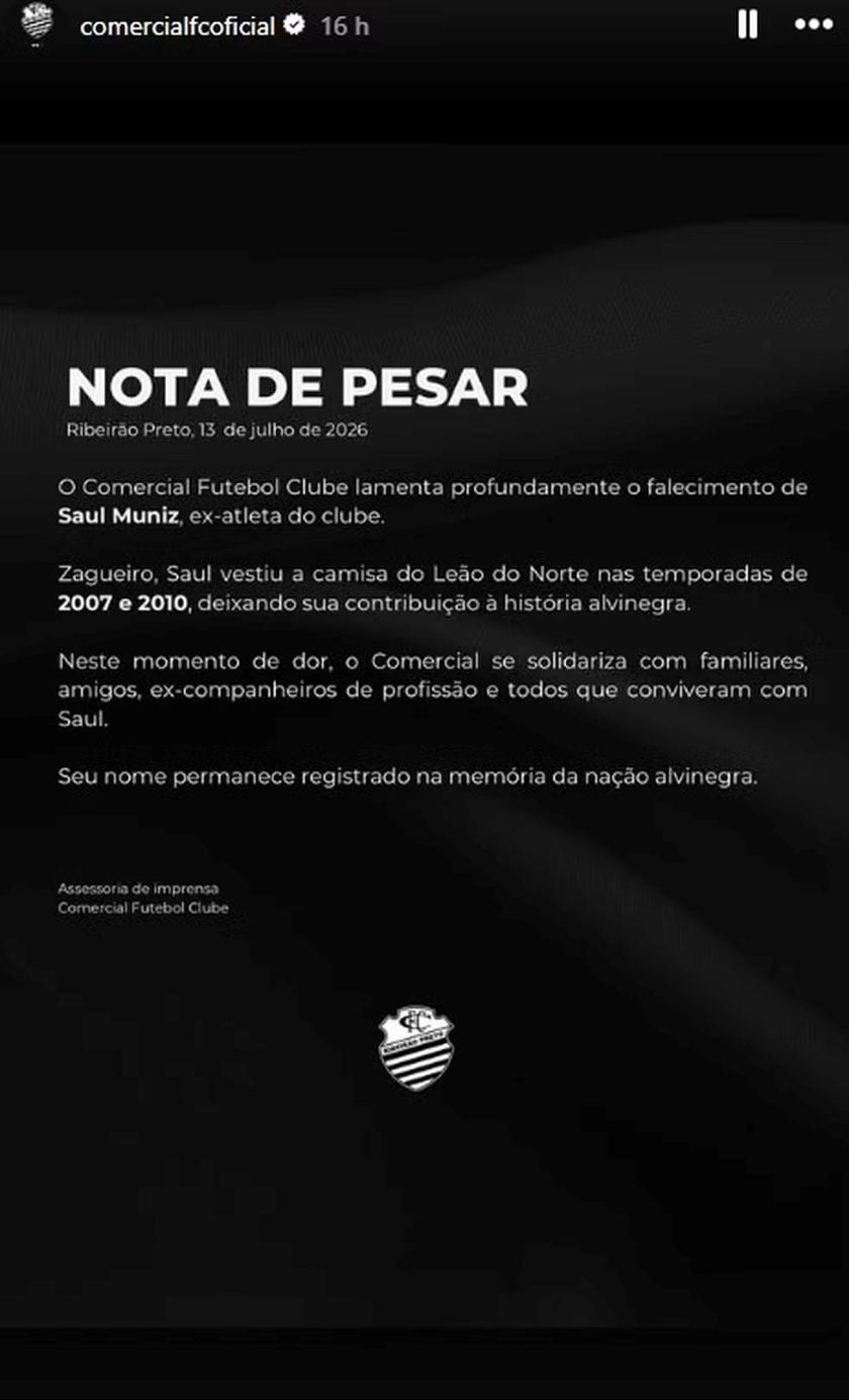 Comercial utilizou redes sociais para lamentar a morte de Saul Muniz, ex-jogador do clube (Foto: Reprodução)