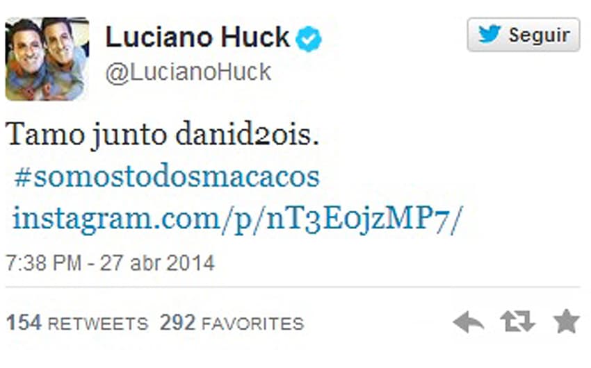 Luciano Huck apoia Dani Alves em rede social (Foto: Reprodução/Twitter)