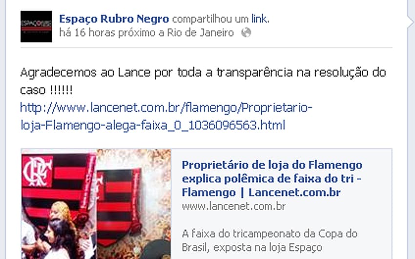 Facebook - Espaço Rubro Negro - Flamengo (Foto: Reprodução/ Facebook)