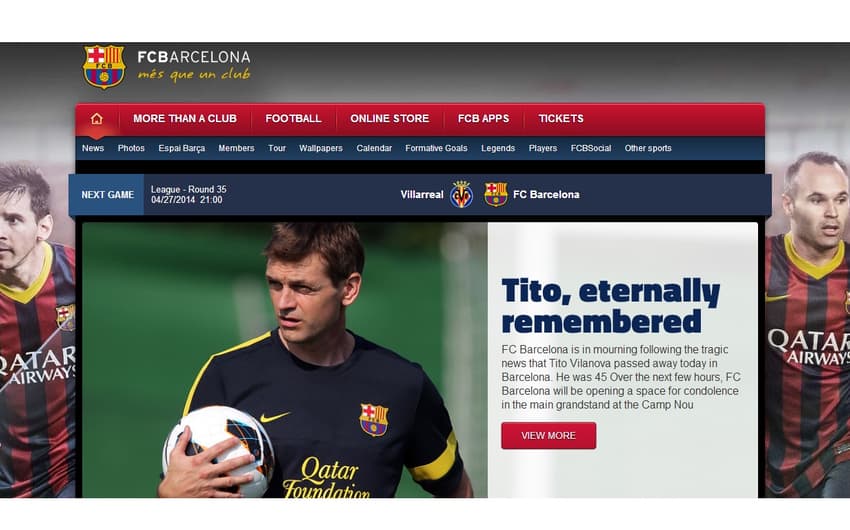 No site do Barcelona, o registro em homenagem a Tito Vilanova
