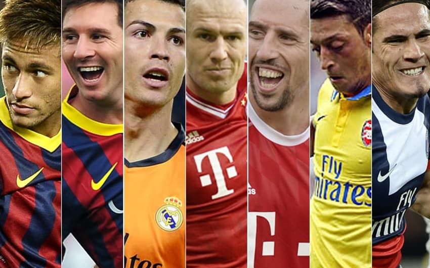 Neymar, Messi, Cristiano Ronaldo, Robben, ribéry, Özil e Cavani (Fotos: AFP)