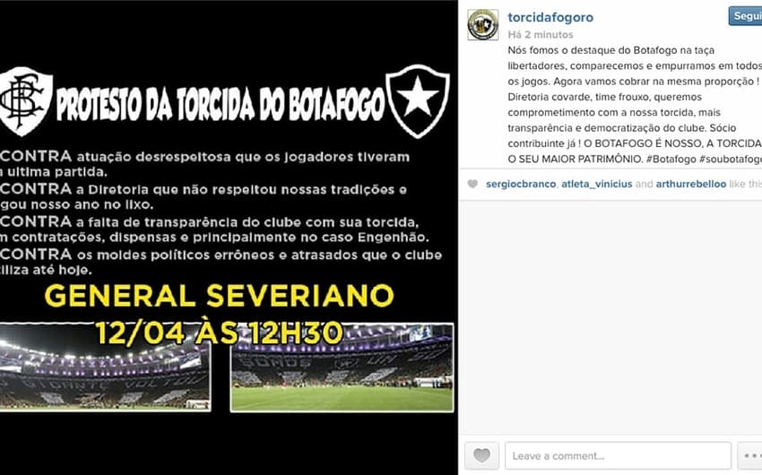 Postagem Instagram Convocação Torcida Botafogo para protestos (Foto: reprodução )