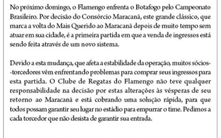 Comunicado Flamengo - ingressos (Foto: Reprodução)