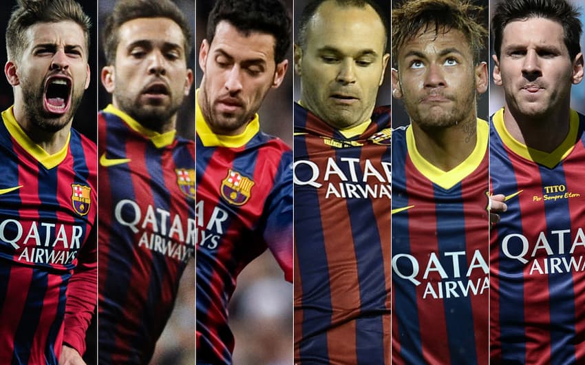 Piqué, Alba, Busquets, Iniesta, Neymar e Messi (Fotos: AFP)