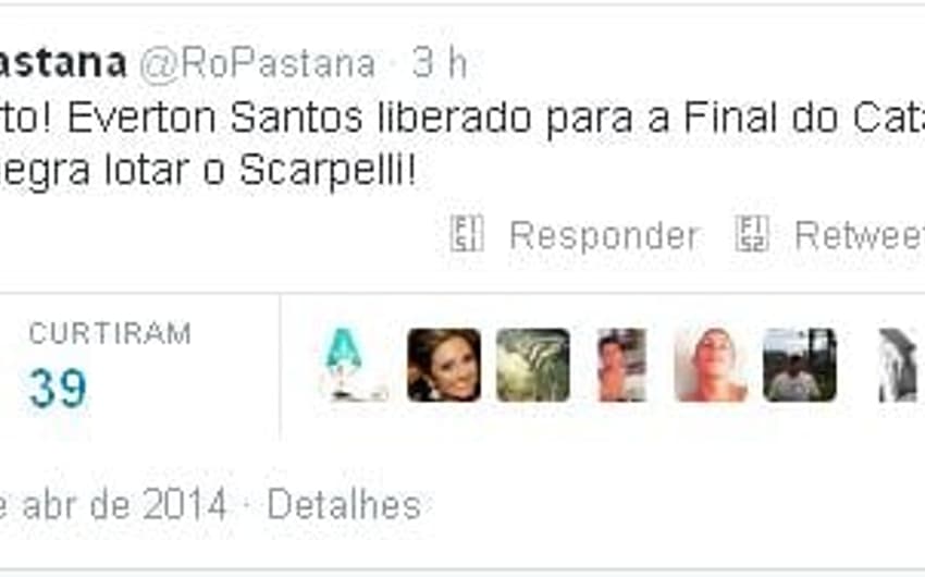 Rodrigo Pastana comemora liberação de Éverton Santos em sua conta no Twitter (Foto: Reprodução)