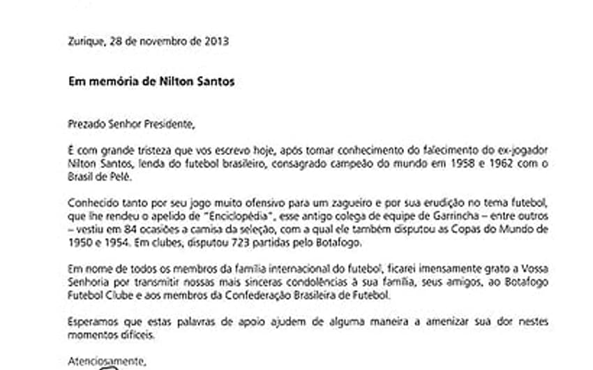 Carta de Blatter Sobre Morte de Nilton Santos (Foto: Divulgação)