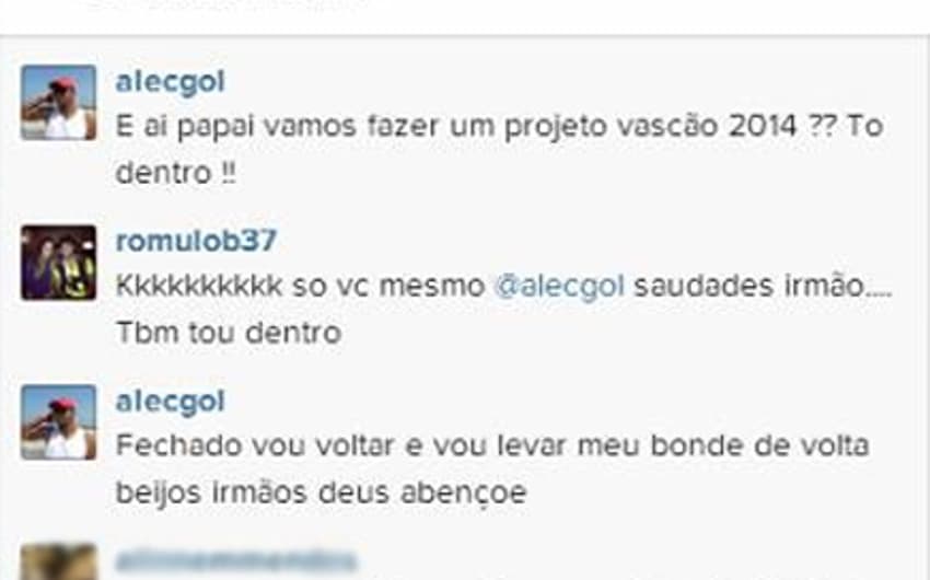 Alecsandro entra no perfil de Rômulo em rede social e fala em Vasco 2014 (Foto: Reprodução/ Instagram)
