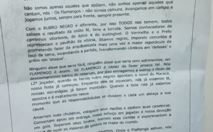 Carta da torcida do Flamengo (Foto: David Nascimento)