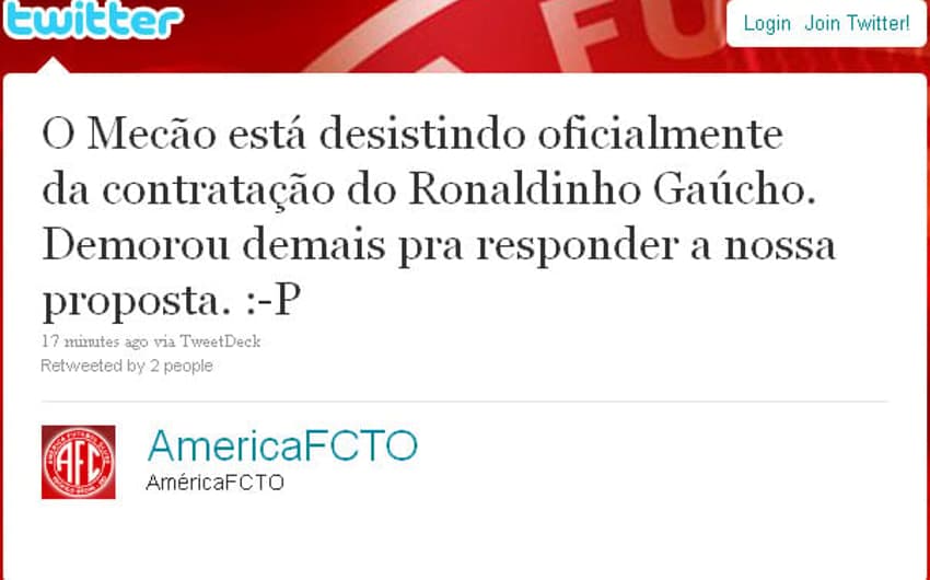 Twitter do América de Teófilo Otoni brinca com novela Ronaldinho (Crédito: Reprodução/Twitter)