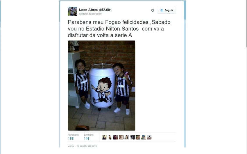 Loco Abreu mandou mensagem parabenizando o Botafogo (Reprodução)