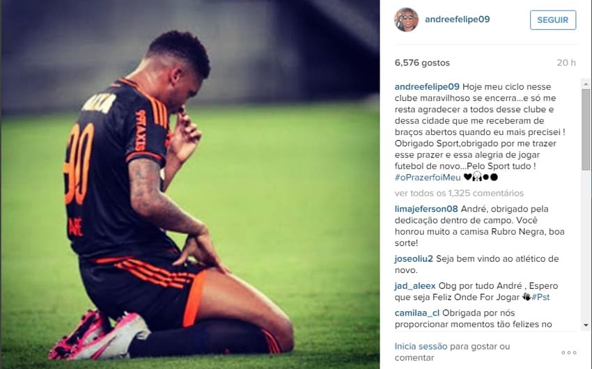 André publicou mensagem de agradecimento à torcida do Sport (Foto: Reprodução/Instagram)