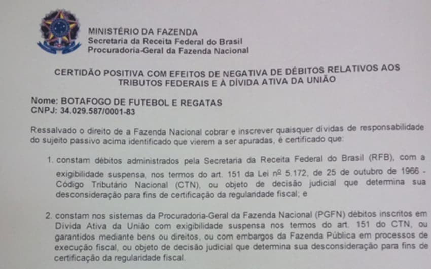 HOME - Certidão negativa de débitos do Botafogo (Foto: Reprodução)