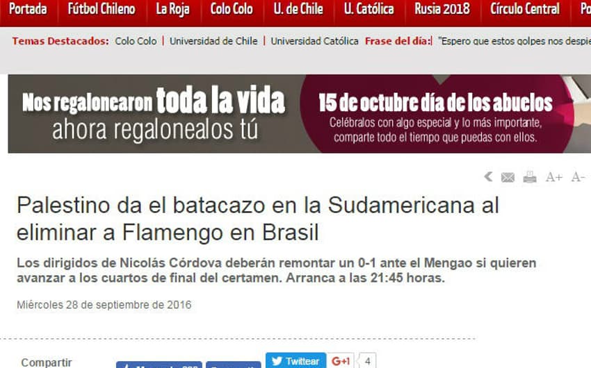El Gráfico - 'Palestino dá o golpe na Sul-Americana ao eliminar o Flamengo no Brasil'